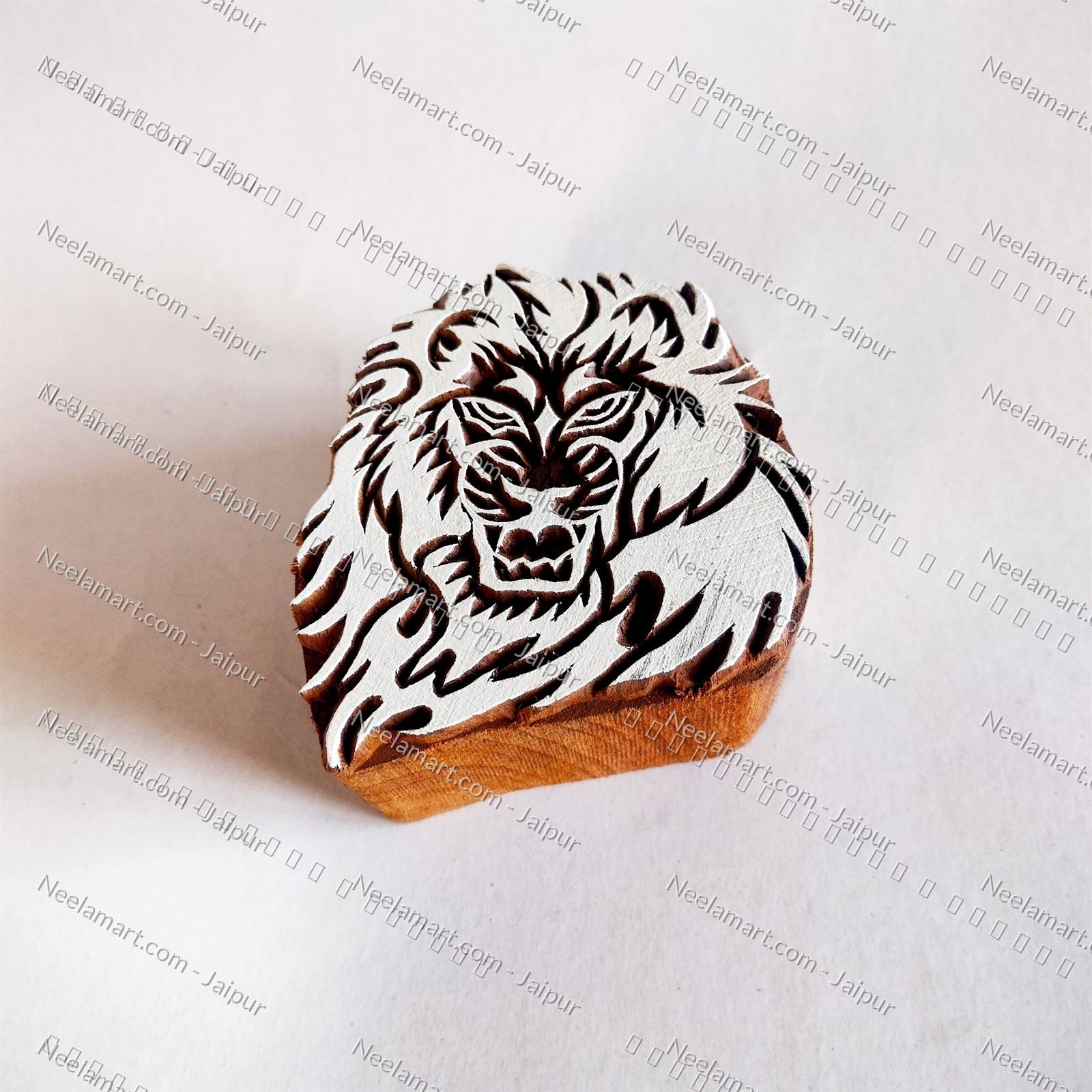 Hand-Carved Lion Head Block